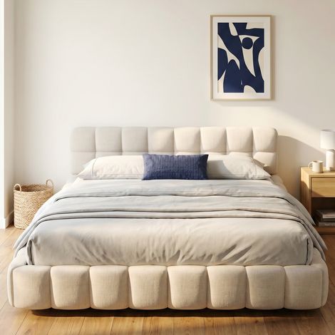 Lit adulte 140x190 cm avec sommier, lit double capitonné avec cadre de lit bas intégré, tête de lit rembourrée, Lin, style Minimaliste, Beige (1/5)