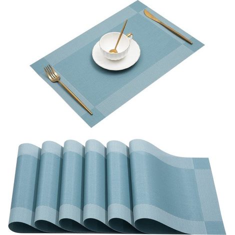 Juego de 6 manteles individuales impermeables tejido plano mesa comedor, fabricados vinilo aislamiento térmico resistencia manchas (azul claro) (1/5)
