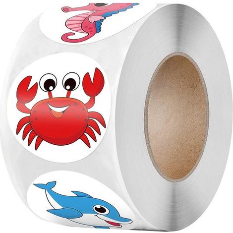 rouleau d'autocollants animaux marins, 500 étiquettes de 3,8 cm pour cadeaux (1/4)