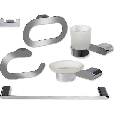 Set da Bagno Design Moderno Ovale in Acciaio Cromato Lucido Piatto e Vetro Satinato 6 Pezzi Porta saponetta portarotolo spazzolini Asciugamano
