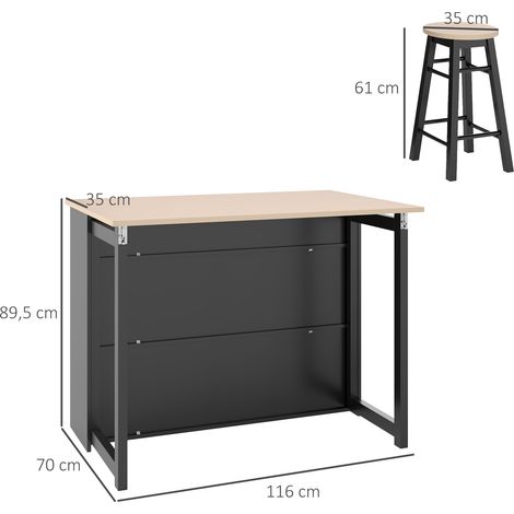 Ensemble table de bar 3 pièces avec tabourets, table à manger à plateau rabattable, meuble de cuisine avec espace de rangement, coin repas pour séjour et salon, noir (1/5)