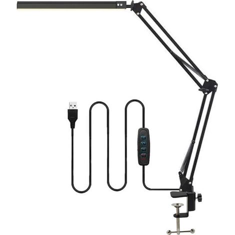 Schwarze LED-Schreibtisch- und Leselampe mit USB-Anschluss, Schwenkarm und Klemme, dimmbar, 3 Farbmodi, Augenschutz