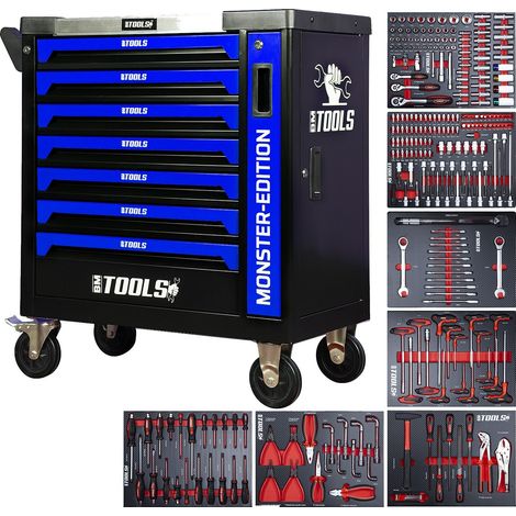 Servante d'atelier BM TOOLS 9/7 MONSTER-EDITION-BLUE 7 tiroirs pleins, 1 porte & 1 tiroir vertical - 257 outils - Sur roulettes (1/5)