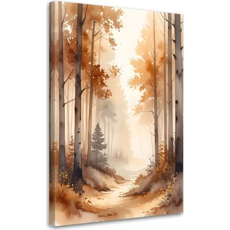 Tabelau sur Toile, Forêt automnale brumeuse Paysage forestier aquarelle de style scandinave,20x30 (1/4)