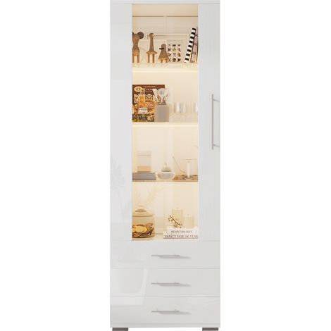 Vitrine blanche brillante avec éclairage LED – Vitrine sur pied avec portes en verre et 3 tiroirs, dimensions 60 × 35 × 180 cm