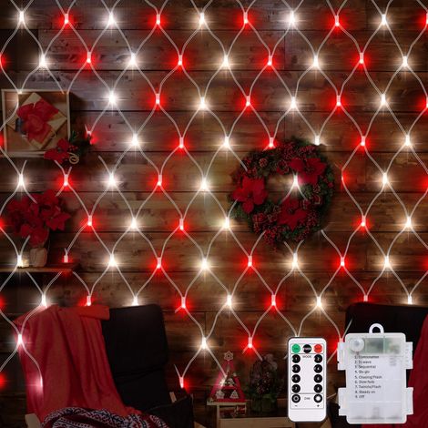 Filet lumineux de Noël rouge et blanc à piles, 1,5 m x 1,5 m, 100 LED, étanche, avec télécommande, 8 modes, minuteur, guirlande lumineuse en maille pour jardin, buisson, clôture, décoration (1/5)