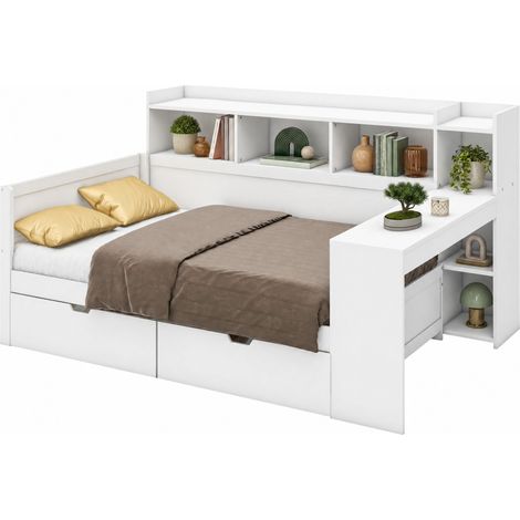 Lit banquette 90x200 avec bureau, prise et USB, 2 tiroirs, rangements latéraux et sous plateau, panneau de particules et MDF blanc, sans matelas CHICFURN (1/5)