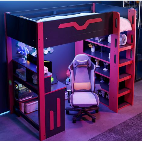 Cama alta de MDF y madera contrachapada en color negro y rojo de 90x200 cm con escritorio, espacio de almacenamiento e iluminación LED. (1/5)