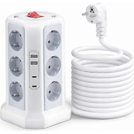 Une multiprise tour avec 12 prises, 4 ports USB, protection contre les surtensions, prise en charge de la charge rapide USB-C et un câble de 2 mètres. (1/5)