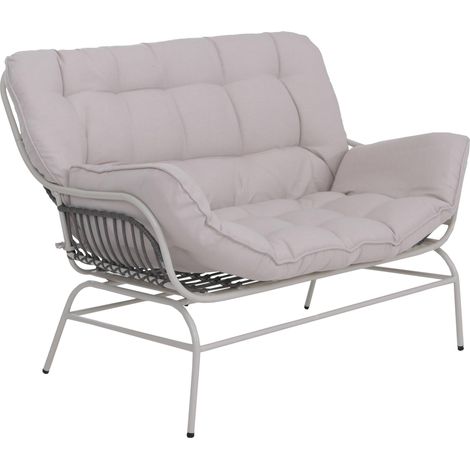 2er-Sofa HHG-737, Gartensofa Gartenbank Couch 2-Sitzer, Stoff 220g/m² Poly-Rattan Metall hellgrau, Polster beige