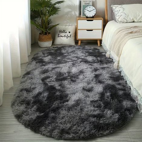 LAN Dunkelgrau 5050cm (Seide Wolle) Seiden- und Wollteppich, Schlafzimmerteppich, fleckenabweisend, leicht zu reinigen, ovaler, rutschfester Teppich für den Bettbereich. (1/5)