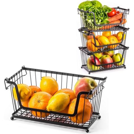 Panier de rangement pour fruits et légumes en métal, couleur noire, design pratique pour cuisine, support de rangement robuste et élégant (1/5)
