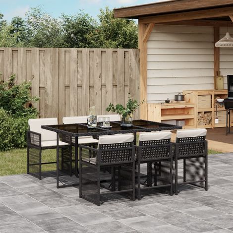 Set de comedor de jardín 7 pzas y cojines ratán sintético negro vidaXL