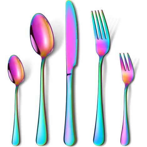 Set de couverts pour 12 personnes, 60 pièces, arc-en-ciel, avec couteau, fourchette, cuillère, couverts en acier inoxydable poli miroir, passe au lave-vaisselle (1/5)