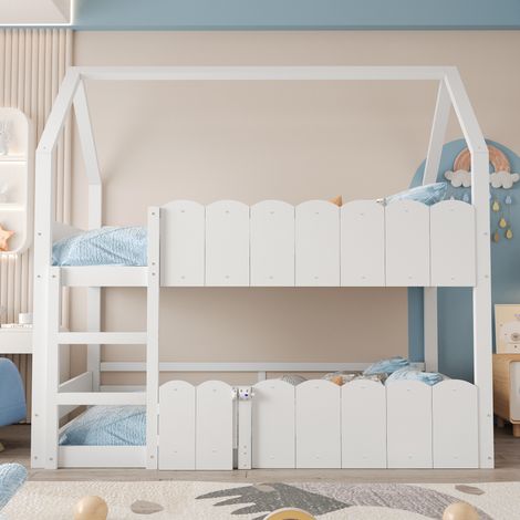 Lit superposé 90x200 cm, lit enfant avec sommier à lattes, 2 places, barrière de sécurité, escalier, design moderne, Blanc (1/5)