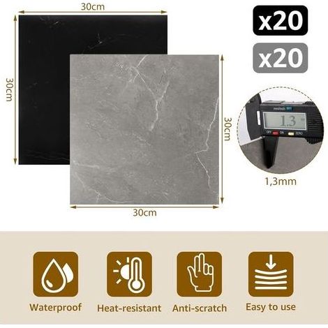 Lot de 40 Dalles Sol PVC 30x30 cm, Revêtement Vinyle Effet Marbre Noir Gris, Adhésif Imperméable Cuisine Salle de Bain (1/5)