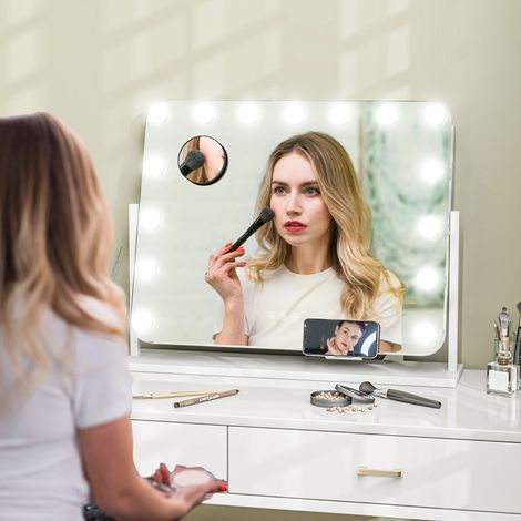 Specchio per il trucco con illuminazione a LED a intensità regolabile, specchio ingranditore, porta di ricarica USB, rotazione a 360°, 63 x 50 cm