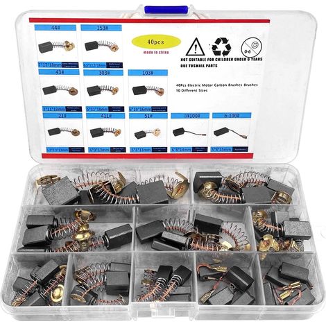 Charbon Moteur Electrique, 40 Pcs 10 Sizes Balai Charbon Marteau Piqueur, Balai en Carbone, Balai de Charbon pour Meuleuse D'Angle, Balai Charbon Moteur Electrique pour Batteur à Oeufs (1/5)