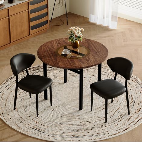 Table ronde avec 2 chaises noires en cuir régénéré, plateau MDF effet bois brun et verre teinté, diamètre 100 cm pour salle à manger et cuisine – CHICFURN (1/5)