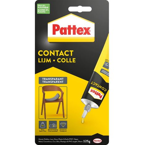 Pattex Colle contact type néoprène- Formule transparente tous matériaux- Tube 125 gr