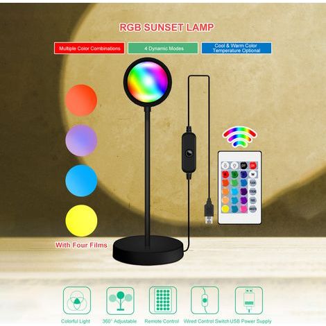 RGB Sunset Mood Lamp, 360° Adjustable Projection Light, USB, Romantic LEDs, Night Light with Remote Control for Selfie, Living Room, Theme Party, Bedroom Decoration (1/5)