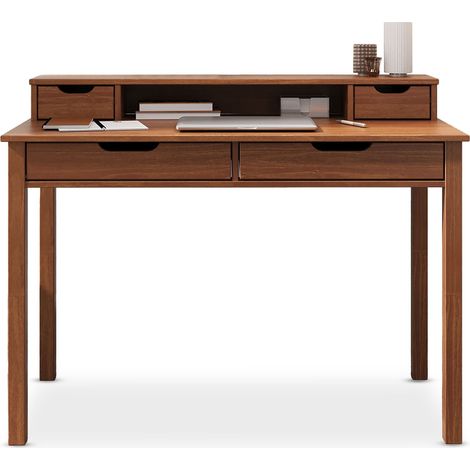 Idimex – Bureau droit en pin massif châtaignier – 2 grands tiroirs – 2 petits tiroirs – Niche ouverte – Plateau surélevé pour écran – Dimensions 87x114x54 cm (1/4)