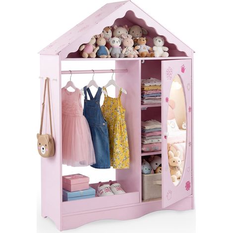Armadio per bambini con specchio, rosa/bianco, design a tetto