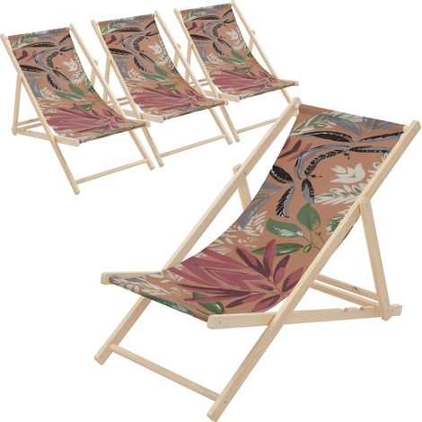 ECD Germany 4er Set Liegestuhl klappbar Floral Braun-Rot-Grün, Strandliege aus Holz, Sonnenliege mit verstellbarer Rückenlehne, Strandstuhl bis 120kg, Gartenliege Relaxliege für Garten Balkon Terrasse
