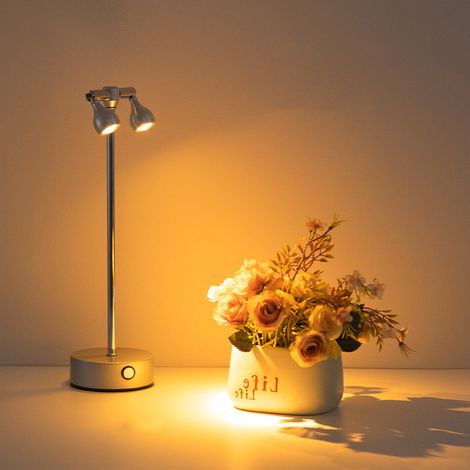 Projecteur de bar à double tête, lampe de table LED avec base en métal stable pour cafés, argent, blanc chaud (1/5)