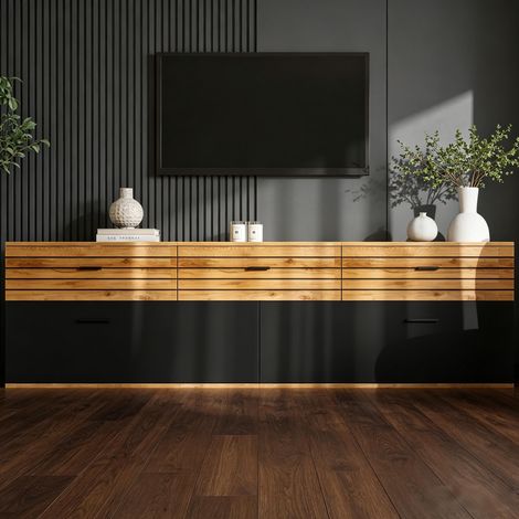 Meuble TV 168 cm Bois et Noir, BasTV avec 2 Portes 3 Tiroirs, pour Écran jusqu'à 65 Pouces, Meuble Télé Moderne (1/5)