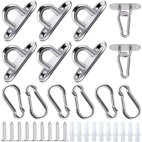12 stainless steel eye plates M5, anchor plates, stainless steel carabiner hooks with eyelet, ceiling hooks including screws and dowels for swing hooks, hammocks, awnings and boat deck accessories--DT