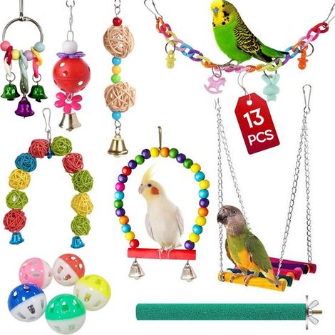 Ensemble de 13 jouets pour perroquet, jouets pour oiseaux, accessoires pour cage, jouets colorés, balançoire suspendue, balançoire sur pied, jouets à mâcher, hamac, échelle (1/5)