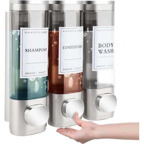 Soap Dispenser Set of 3, Wall Mounted, 300ml, No Drilling, Sink, Bathroom, Shower Gel, Shampoo, Lotion Dispenser for Kitchen and Bathroom, Silver (1/4)