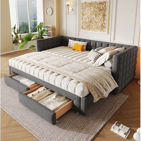 Cama nido extensible 90x200 cm gris en terciopelo con 2 cajones (1/5)