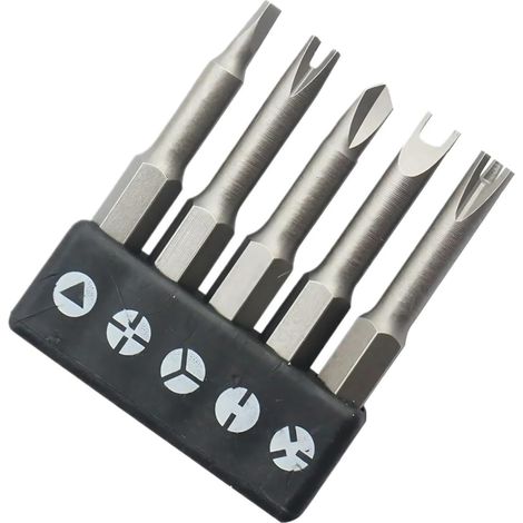 Cinq embouts de tournevis manuels, comprenant des embouts en forme de U, en forme de Y, triangulaires, Phillips et à trois pans. (1/5)