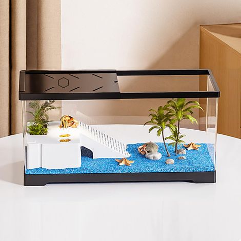 Aquarium pour Tortues avec Plate-Forme de Bain de Soleil et Drainage au Fond, Aquarium de 40 x 20 x 22,5 cm pour Jeunes Tortues, écrevisses, crabes, Amphibiens, Reptiles, Noir