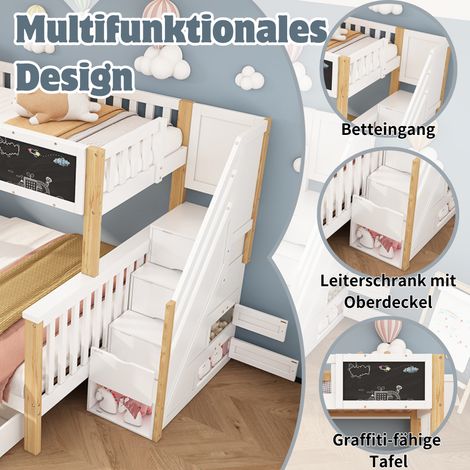 Lit superposé enfant 2 lits, double et simple, meuble multifonction avec tableau ardoise et rangements tiroirs, sans matelas, finition blanc et chêne clair, dimensions 90x200 + 140x200 cm (1/5)