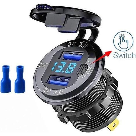 Chargeur de voiture 12V/24V avec double prise USB QC3.0, prise allume-cigare USB étanche, voltmètre LED, interrupteur marche/arrêt, adaptateur de charge rapide, accessoires auto, bleu (1/5)