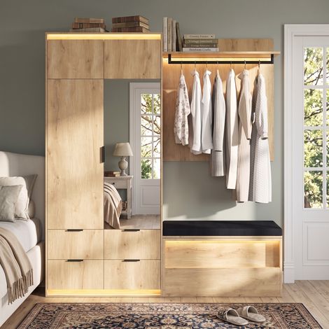 Vestiaire d’entrée 180x47x200 cm avec armoire, miroir et banc rembourré, 2 tringles, 4 tiroirs, 3 éclairages LED, effet chêne (1/5)
