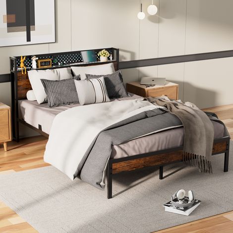 Erwachsenenbett 140x190 cm, Doppelbettrahmen mit LED-Beleuchtung und Kopfteil Stauraum, mit Ladestation, 14 Metalllattenrost