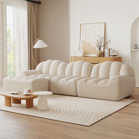 Canapé modulable 3 places en bouclé Kaki clair, canapé d’angle rembourré avec 1 pouf coussins moelleux, dossier ergonomique et design matelassé (1/5)