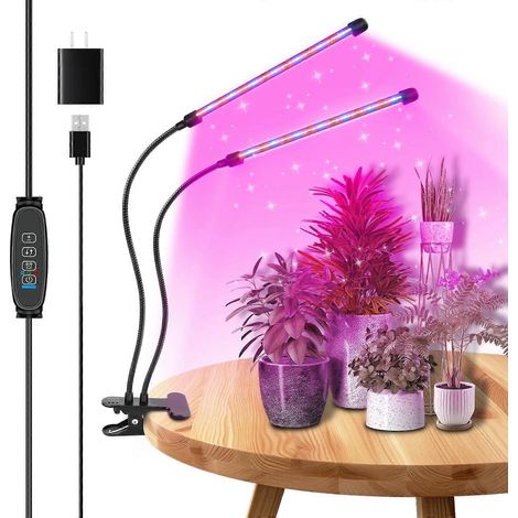 LED-Pflanzenlampe mit Timer, Vollspektrum-Doppelkopflampe für Zimmerpflanzen, 10 Helligkeitsstufen
