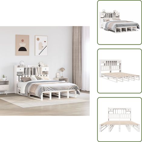 Massivholzbett mit Regal ohne Matratze Weiß 150x200 cm Kiefer - Bett Mit Regal - Bett Mit Bücherregal - Holzbett Mit Regal - Holzbett Mit Bücherregal (1/5)