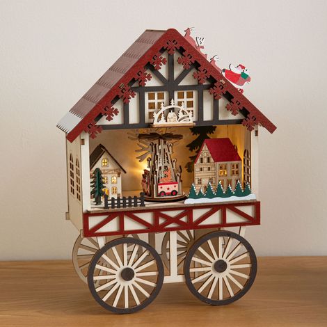 27cm Light Up Wooden Christmas Carriage Musical Scene with LEDs (1/5)