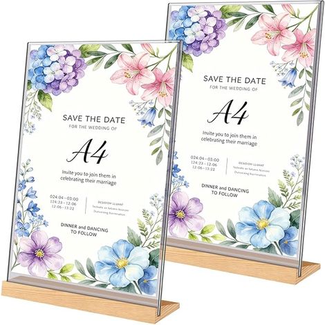2 x A4 Transparent Display Stand A4 Poster Stand with Wooden Base Plexiglass Holder L-Shaped Angled for Offices, Restaurants, Shops, Hotels (21 x 29.7 cm) (1/5)