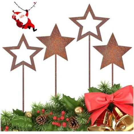 4pcs Piquet de Jardin en métal rouillé,Signes de Jardin Noël Signe de Pelouse étoile Panneaux de Noël avec Piquets en Fer Rouillé (1/4)