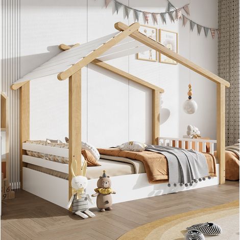 Cama infantil casita con somier madera blanco natural OKMYHOME (1/5)