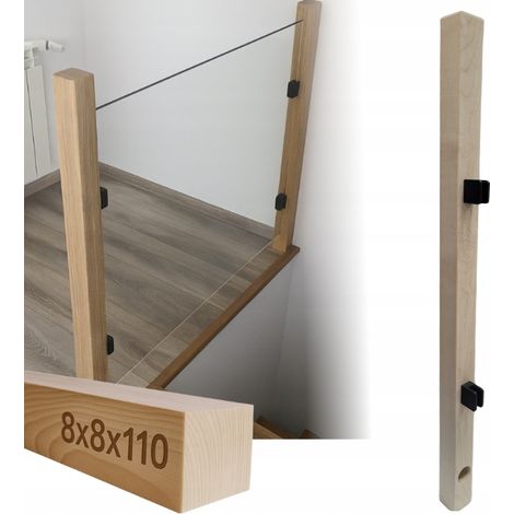 Poteau en bois - 8 x 8 x 110 cm - Hêtre - Pour garde-corps en verre - Installation facile et esthétique