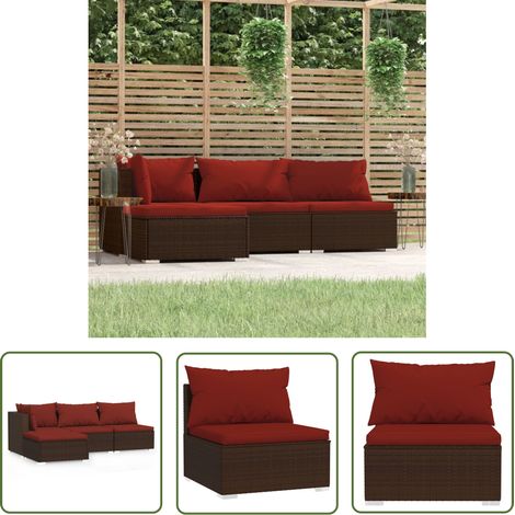 The Living Store 4-tlg. Garten-Lounge-Set mit Kissen Braun Poly Rattan - Gartensortiment - Lounge Set - Gartenmöbel - Outdoor Furniture - PE-Rattan (1/5)