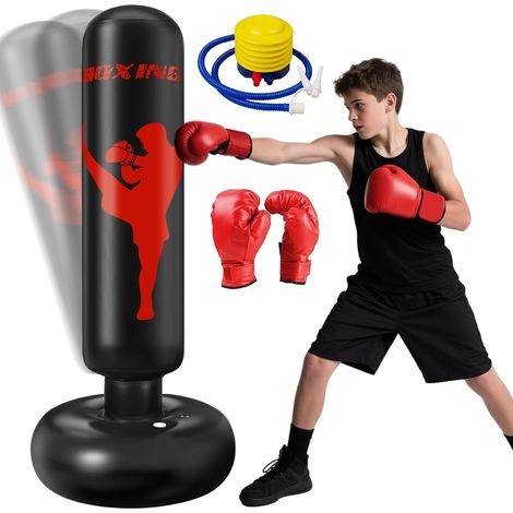 Sac de Frappe Enfant 160cm avec Gants et Pompe Punching Ball Enfants pour Karaté Taekwondo Idéal pour Garçons et Filles de 3 à 12 Ans Punching Ball Bureau Parfait(Boxing Stil-Schwarz) (1/5)